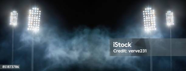 Stadium Lights And Smoke Stock Photo - Download Image Now - Floodlight, Soccer, Soccer Ball
