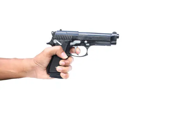 Photo of hand holding gun on isolated