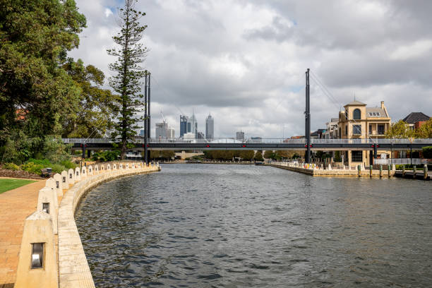 Pedestrian bridge across Swan river small harbor in East Perth suburb, Western Australia stock photo