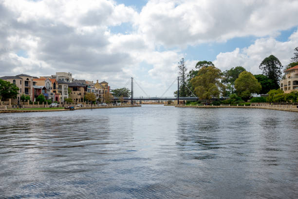 Pedestrian bridge and a small harbor in East Perth suburb, Western Australia stock photo
