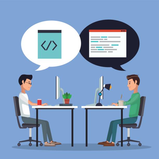 color background men worker in desk with computer and icons programming codes in dialog box color background men worker in desk with computer and icons programming codes in dialog box vector illustration java colombia stock illustrations