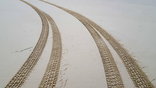 砂の背景上のトラックをタイヤします。 - off road vehicle ストックフォトと画像