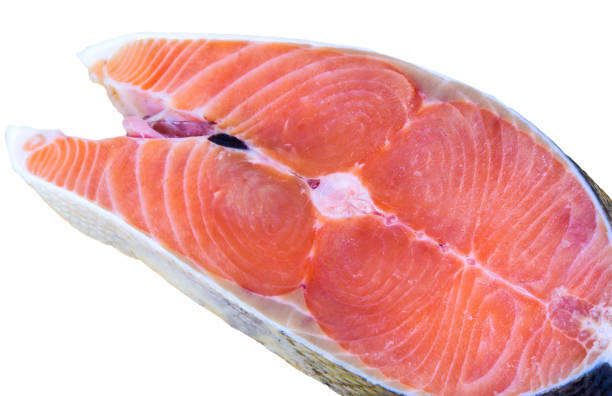istock Close up of fresh salmon slices isolate on white background. 851881478