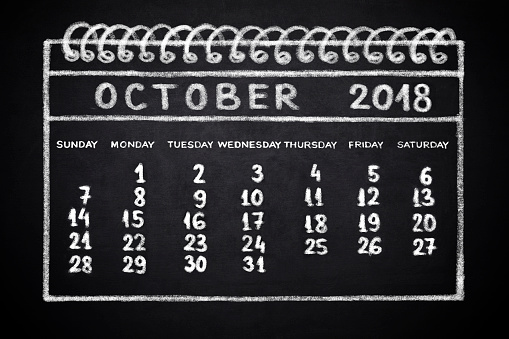 October . Calendar 2018 year simple style. Week starts from sunday. Drawn on Blackboard