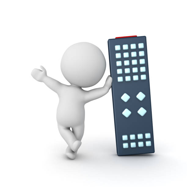 istock 3D Character waving and leaning on giant remote control 851882744