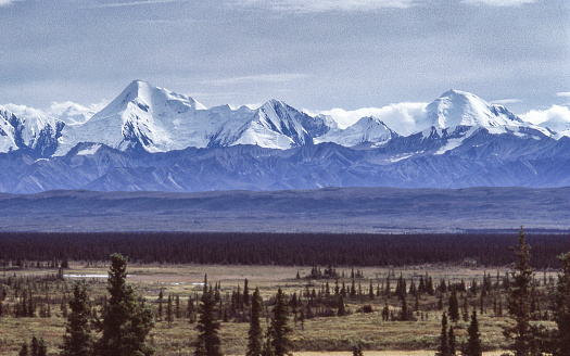 View of  tundra, distant mountains and clouds in Denalia Natinal Park.

