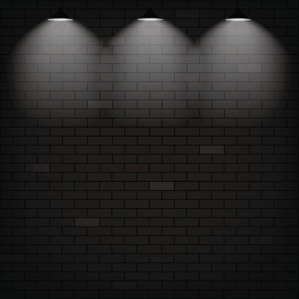 ilustrações de stock, clip art, desenhos animados e ícones de vector scene illuminated spotlight. black bricks wall background. - limelight