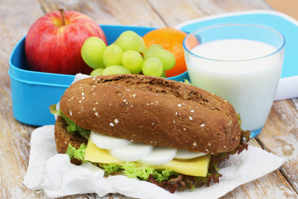 sanduíche de pão integral com queijo, ovo cozido e alface e almoço caixa cheia de frutas frescas e copo de leite - sandwich breakfast boiled egg close up - fotografias e filmes do acervo