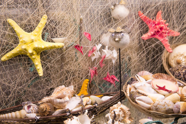 istock Beautiful sea composition with boat and shells on wooden background 851892666