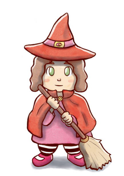 ilustrações de stock, clip art, desenhos animados e ícones de little witch with red costume and holding a broom - book magic picture book illustration and painting