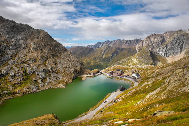 view of the Great St. Bernard Pass, highest road pass in Switzerland 2469 m. It Connects Martigny in the Canton of Valais in Switzerland with Aosta Valley Region of Italy