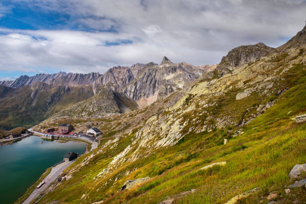view of the Great St. Bernard Pass, highest road pass in Switzerland 2469 m. It Connects Martigny in the Canton of Valais in Switzerland with Aosta Valley Region of Italy