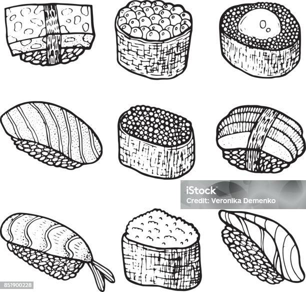 Sushi Set Collection Coloring Page For Adult Book Vector Doodle Graphic Hand Drawn Art Stock Illustration - Download Image Now