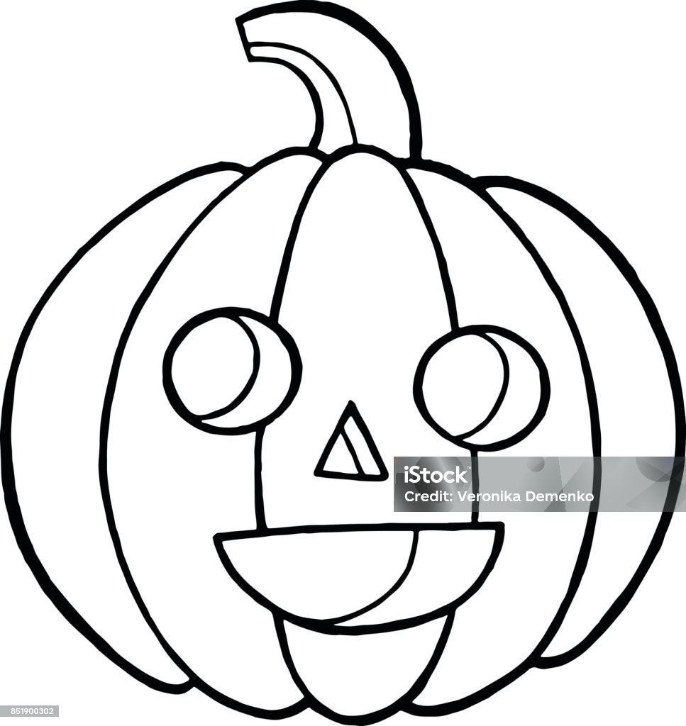 Coloring page and doodle sketch with pumpkin for halloween. Autumn cartoon vegetable with face. Coloring stock vector