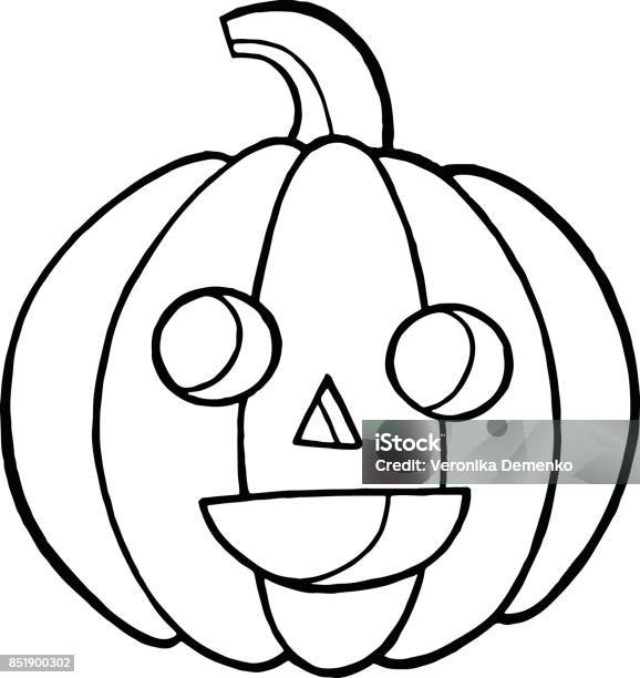 Coloring Page And Doodle Sketch With Pumpkin For Halloween Autumn Cartoon Vegetable With Face Stock Illustration - Download Image Now