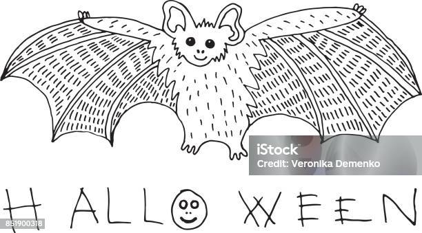 Coloring Page And Doodle Sketch With Bat And Halloween Word Holiday Background Illustration Stock Illustration - Download Image Now