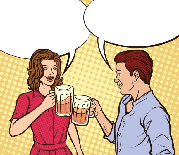 ilustrações, clipart, desenhos animados e ícones de casal bebendo cerveja - men retro revival 1950s style comic book