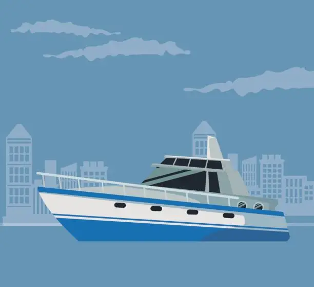 Vector illustration of color poster city landscape with boat over water