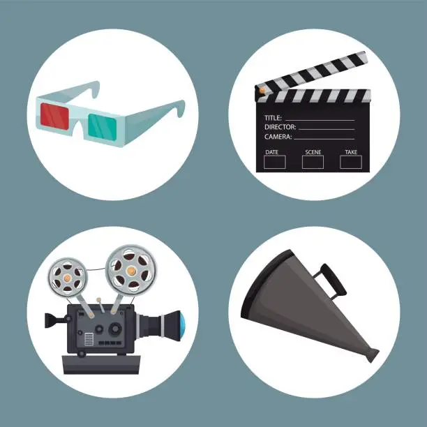 Vector illustration of color background with film elements in frames as glasses 3D clapperboard and movie projector megaphone director