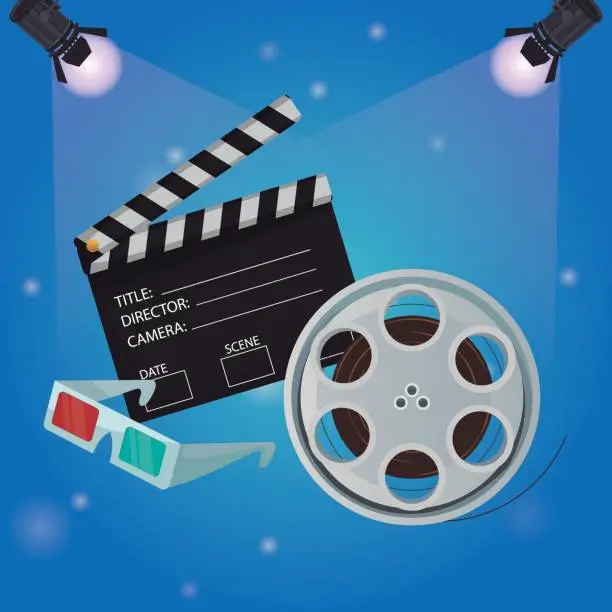 Vector illustration of color background spotlights with film reel clapperboard and glasess 3D