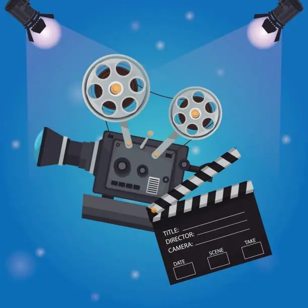 Vector illustration of color background spotlights with clapperboard and movie film projector