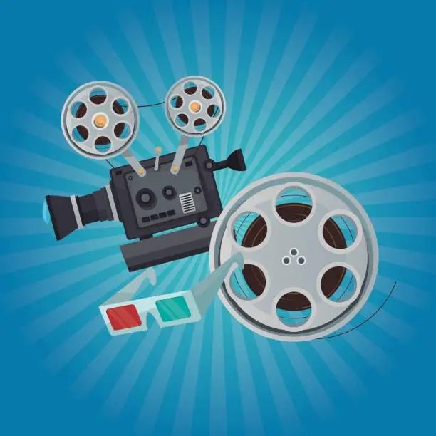 Vector illustration of color background with glow with movie film projector clapperboard and glasess 3D