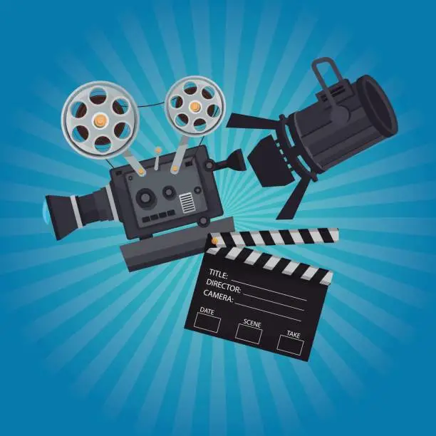 Vector illustration of color background with glow with movie film projector clapperboard and spotlights