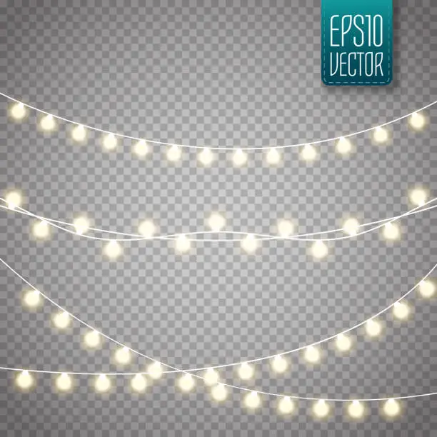 Vector illustration of Christmas lights isolated on transparent background. Vector xmas glowing garland