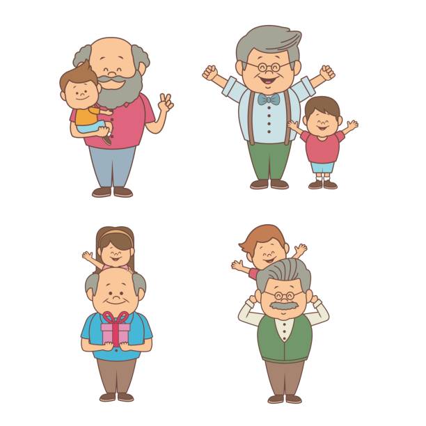 granpa와 아 이들이 행복 한 조부모의 설정 사람들과 흰색 배경 - senior adult grandmother grandfather cards stock illustrations