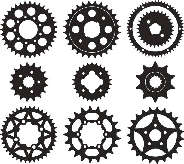 Gear wheel icons set Vector set of bike chainrings and rear sprocket silhouettes motorcycle stock illustrations