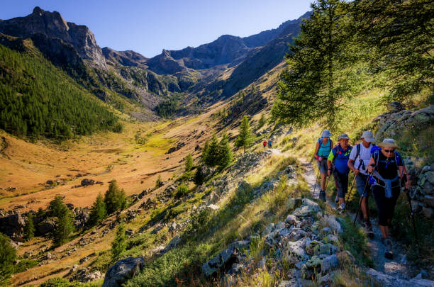 A group of hikers walking on a pathway stock photo