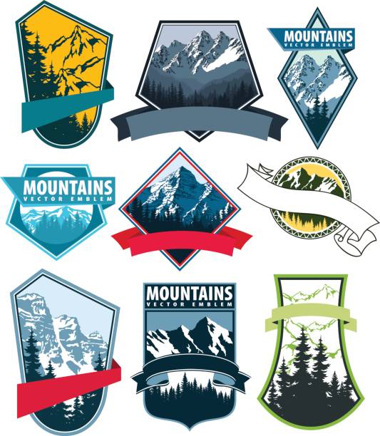 set of Vector Mountains Emblem set of Vector Mountains Emblem kangchenjunga stock illustrations