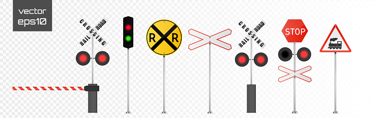 Set of vector detailed railway warning signs isolated on white background.