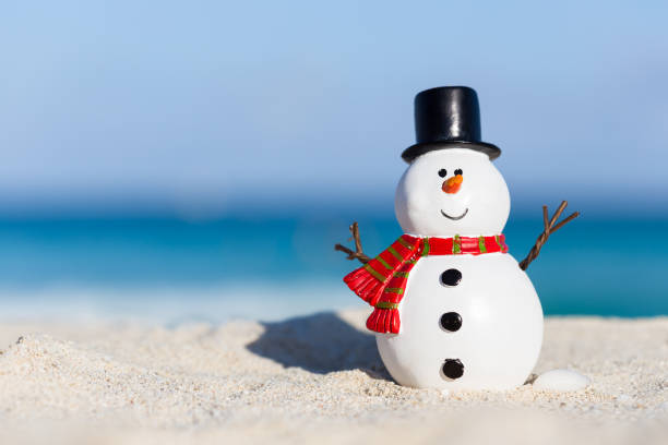 istock Snowman toy on white sandy beach 851918426