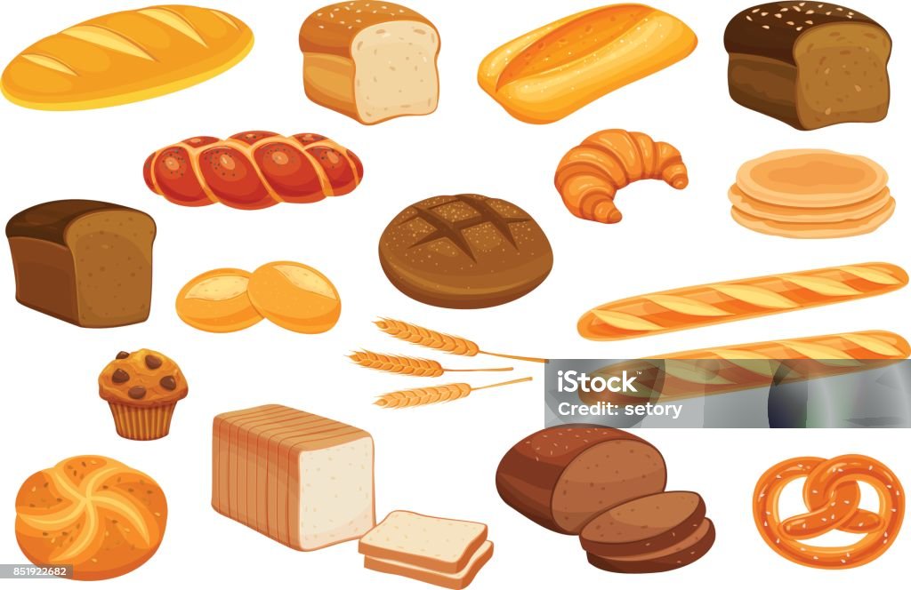 Set vector bread icons. Set vector bread icons. Rye bread and pretzel, muffin, pita bread, ciabatta and wheat bread, croissant, whole grain bread, bagel, toast bread, french baguette for design menu bakery. Bread stock vector