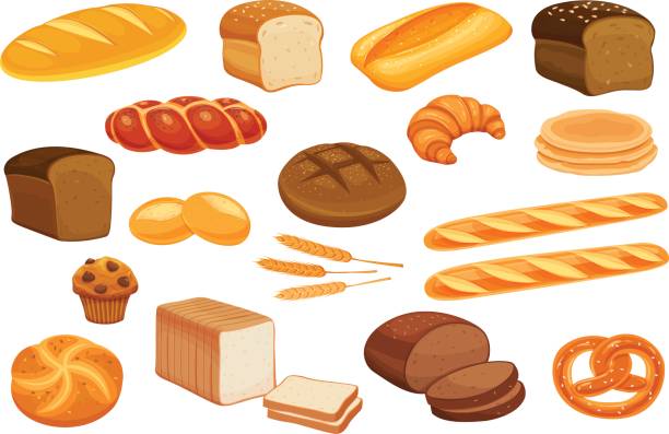 Set vector bread icons. Set vector bread icons. Rye bread and pretzel, muffin, pita bread, ciabatta and wheat bread, croissant, whole grain bread, bagel, toast bread, french baguette for design menu bakery. bun bread illustrations stock illustrations