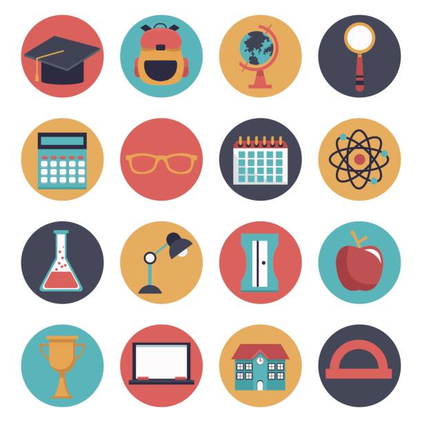 białe tło z zestawem kolorowych okrągłych ikon ramek elementów szkolnych - education computer icon symbol icon set stock illustrations