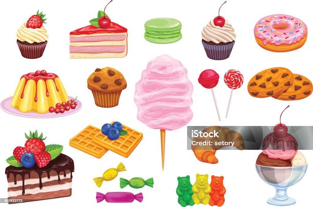 Vector set ícones de confeitaria e doces. - Vetor de Sobremesa royalty-free