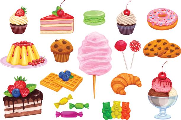 Vector set confectionery and sweets icons. Vector set confectionery and sweets icons. Dessert, lollipop, ice cream with candies, macaron and pudding. Donut and cotton candy, muffin, waffles, biscuits and jelly, dessert stock illustrations