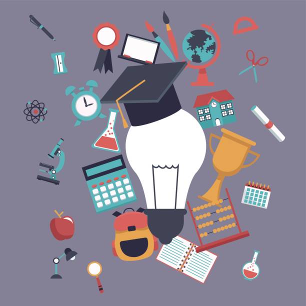 ilustrações, clipart, desenhos animados e ícones de cor de fundo com lâmpada com chapéu de formatura e ícones de elementos do conjunto da escola - symbol computer icon education icon set