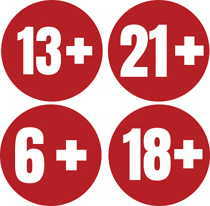 Limit age icon on red background. Icons age limit from six to twenty-one, vector flat illustration.
