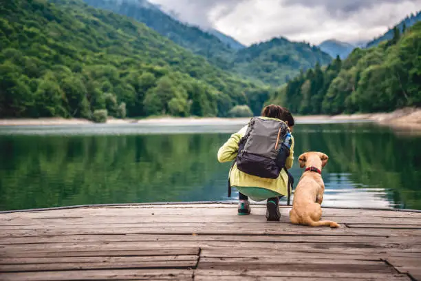 Woman with a small yellow dog standing on pier by the mountain lake