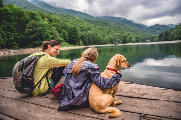 istock Mother and daughter with a dog resting on a pier 851925082
