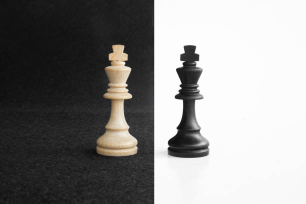 istock Pair of king chess peaces confronted as opposites in black and white background 851926988