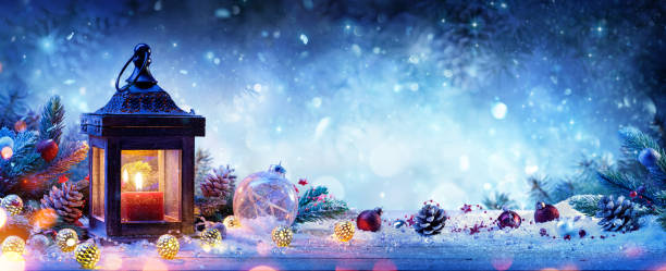 istock Snowy Lantern With Fir Branches And Baubles - Christmas Card 851927876