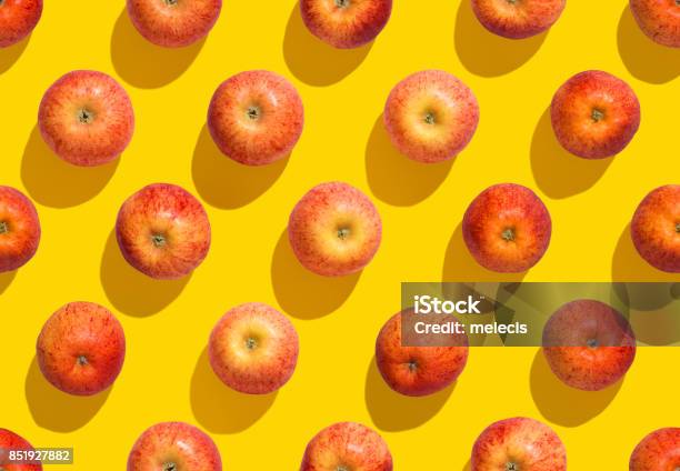 Apples On Yellow Background Seamless Stock Photo - Download Image Now - Apple - Fruit, Backgrounds, Pattern