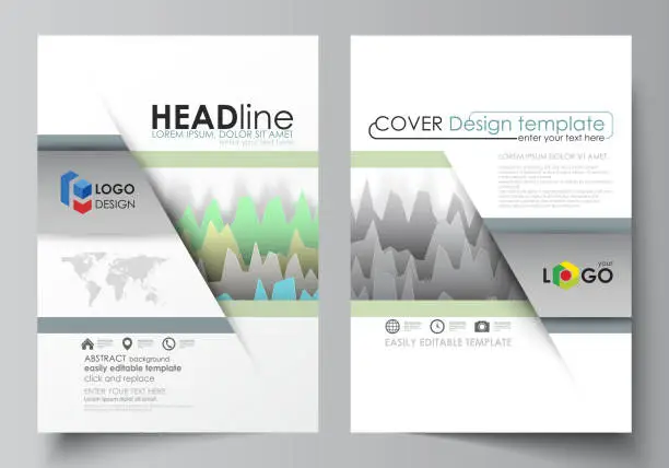 Vector illustration of The vector illustration of the editable layout of two A4 format modern covers design templates for brochure, magazine, flyer, report. Rows of colored diagram with peaks of different height