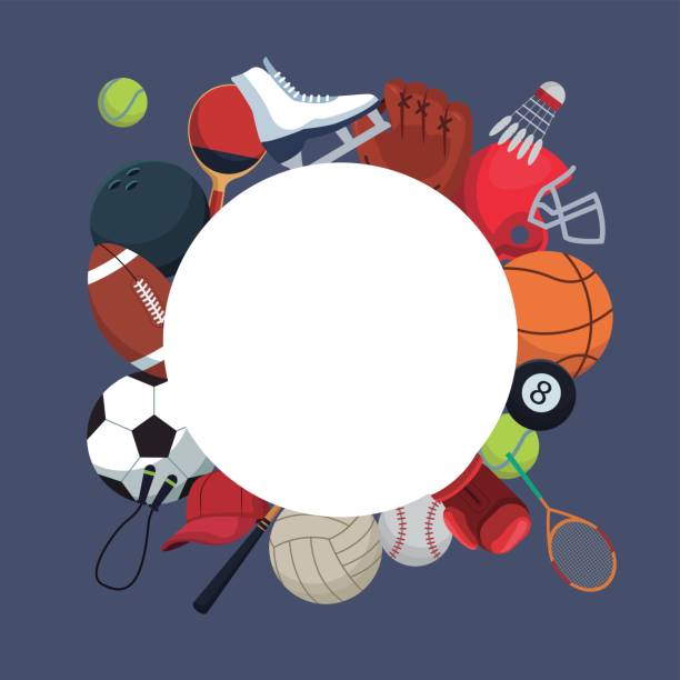 ilustraciones, imágenes clip art, dibujos animados e iconos de stock de color de fondo con marco circular y los iconos deporte elementos alrededor - shoe bow baseball sport