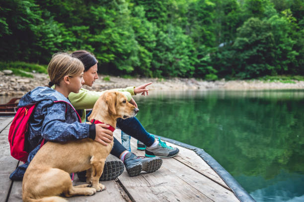 istock Mother and daughter with a dog resting on a pier 851930384