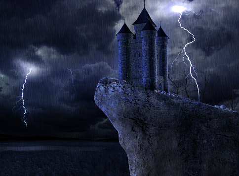 3D rendering of an enchanted fairy tale castle in a dark night and a roaring thunderstorm.